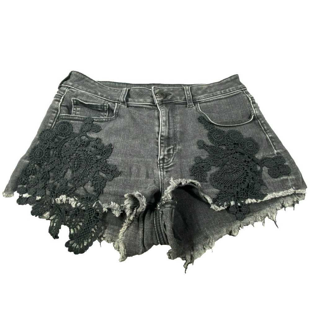 American Eagle Shorts Women 10 Black Distressed Denim Cutoff Y2K Beach Boho Lace